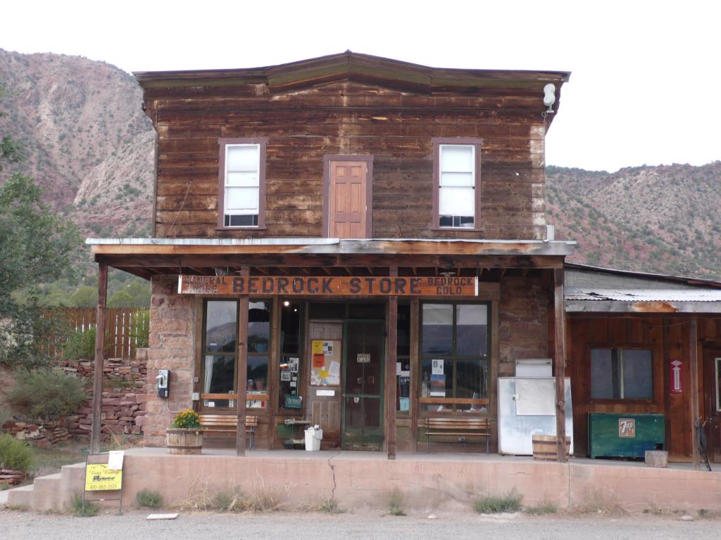 The exterior of the timber building of Bedrock General Store which appears in Thelma & Louise