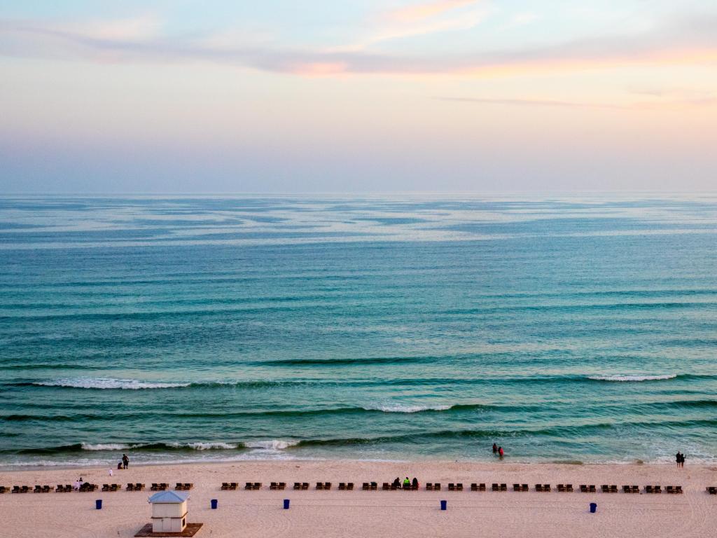 Panama City Beach, USA with a beach and ocean view from edgewater taken just before sunset.