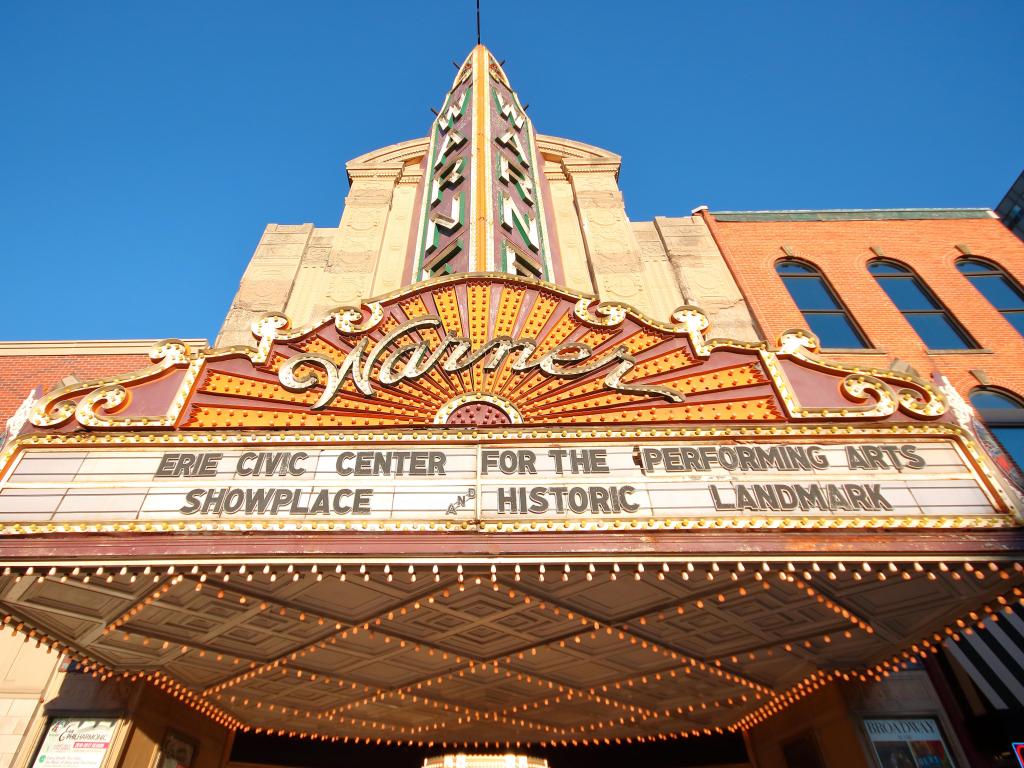 Up close frontage and signage of historical Warner Theatre located in downtown Erie