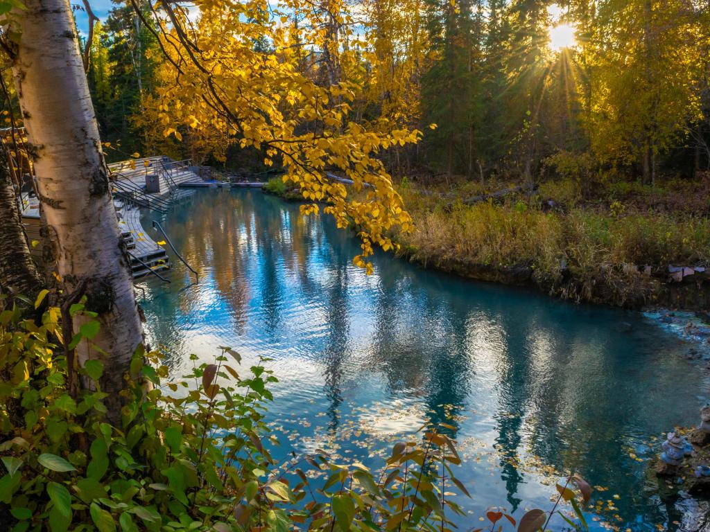 Liar Rive Hot Springs, British Columbia, Canada in warm autumn evening.