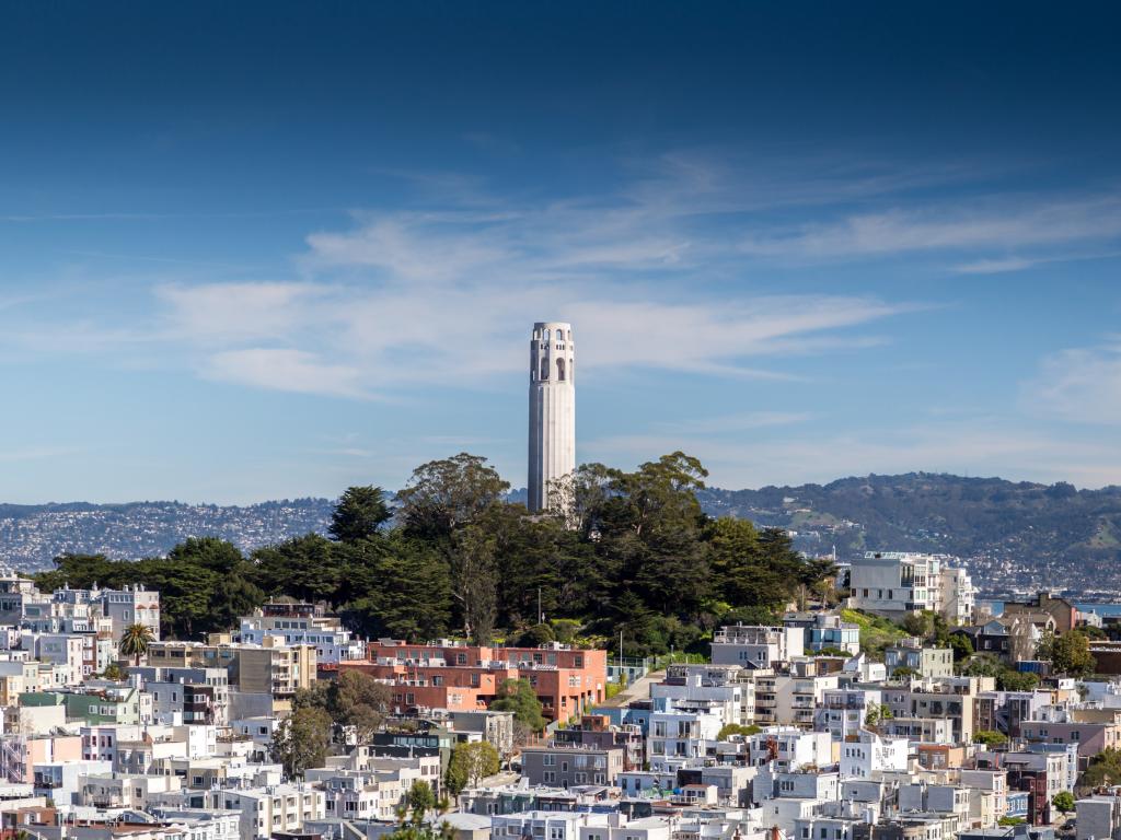 Coit Tower on a hill overlooking San Francisco