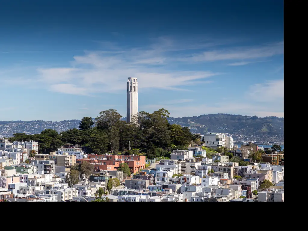 Coit Tower on a hill overlooking San Francisco