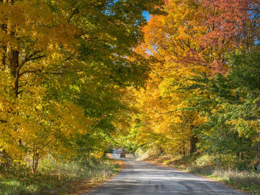 Colorful fall scene with brilliant foliage of a rural road in Manchester