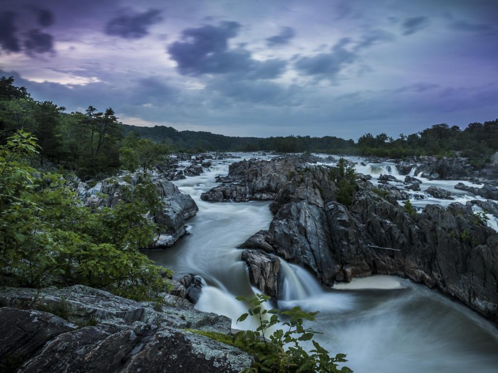 Great Falls Park in McLean, Virginia, USA taken at the Potomac River rapids at Great Falls Park at early evening.