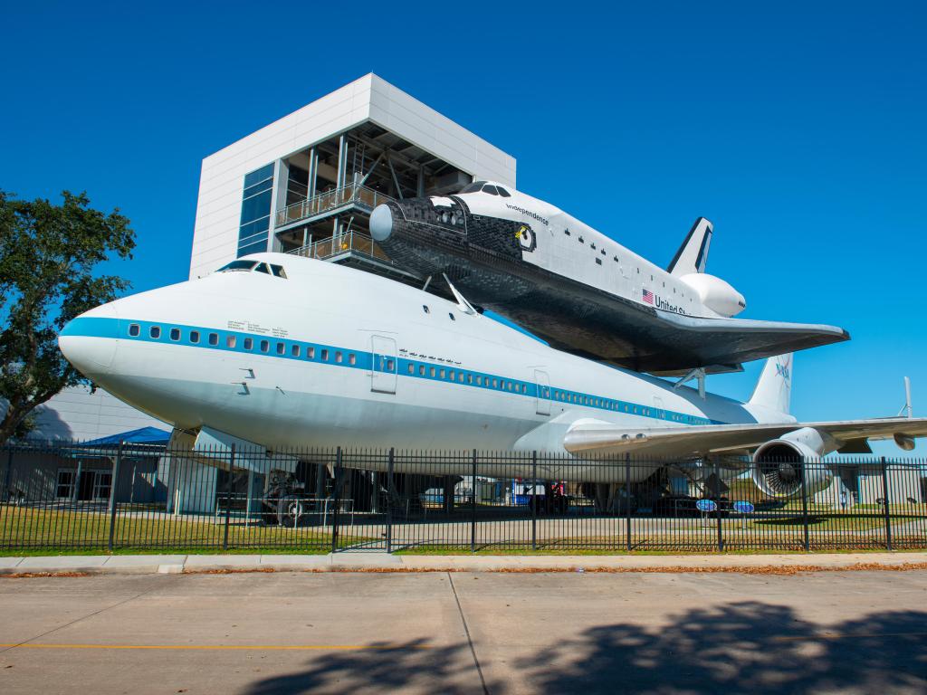 Space Shuttle mounted on Boeing 747 Shuttle Carrier Aircraft, Johnson Space Center, Houston, Texas, USA.