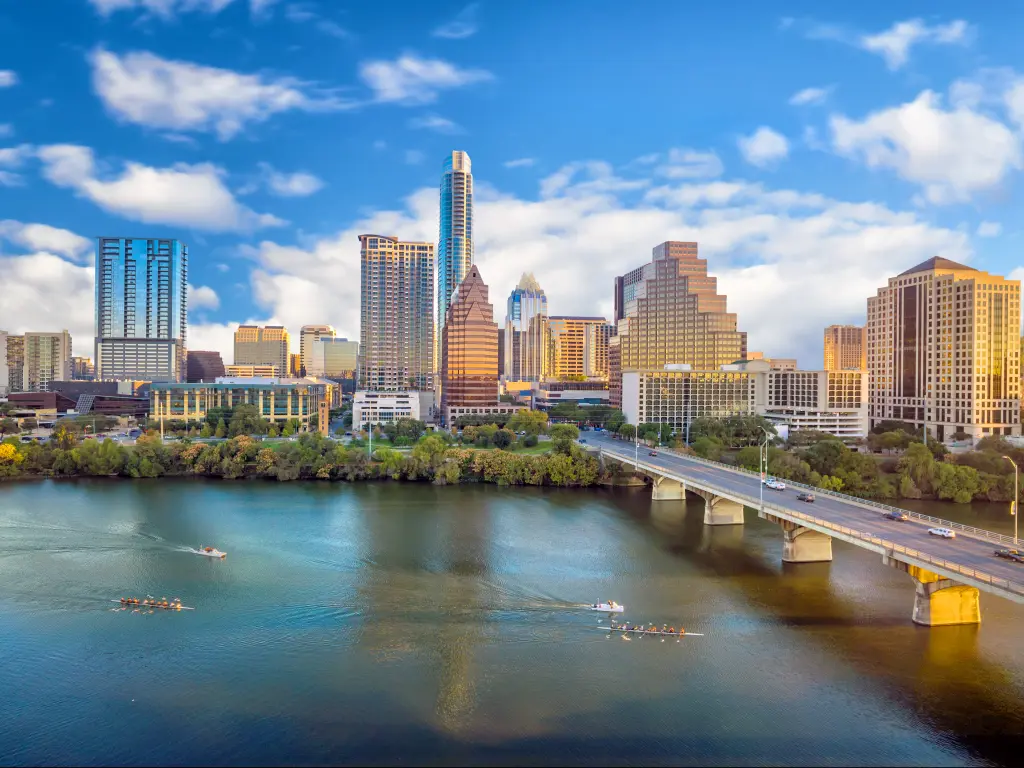 Skyline of downtown Austin, Texas from across the Colorado River on a sunny day.