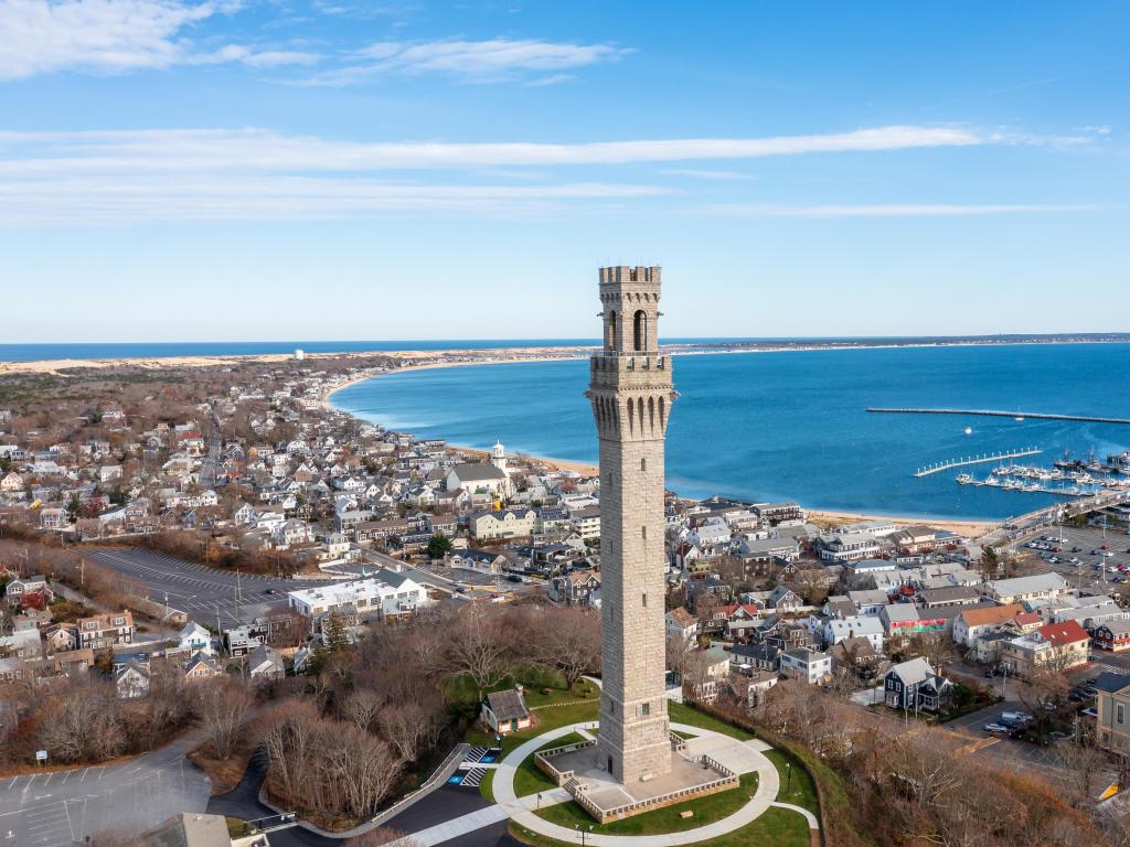 Provincetown, Cape Cod, Massachusetts, USA taken as an aerial view on a sunny day.
