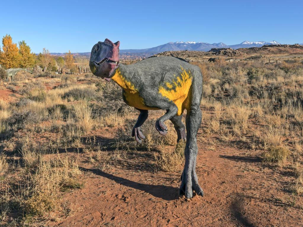 Aa replica of a dinosaur on the famous dinosaur trail on a sunny day