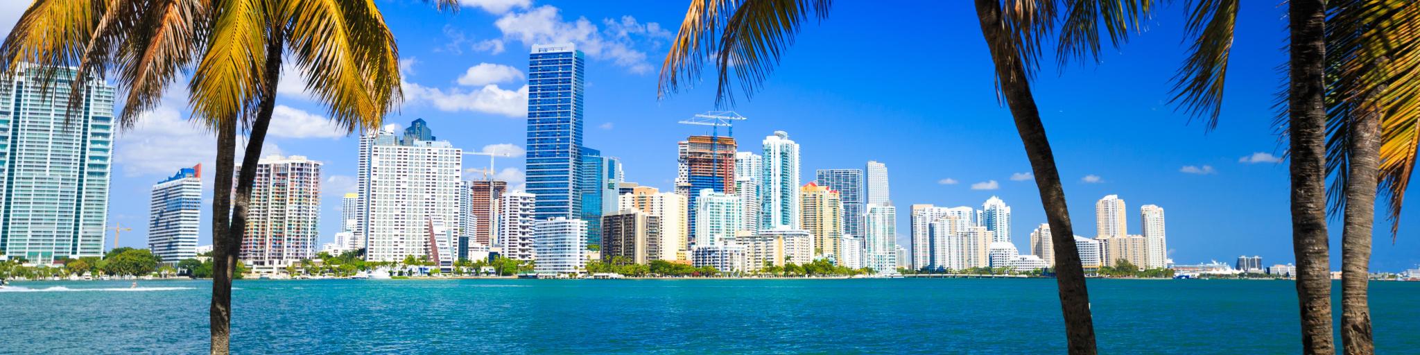 Miami, Florida, USA with a skyline view of the city, palm trees and sea in the foreground. 