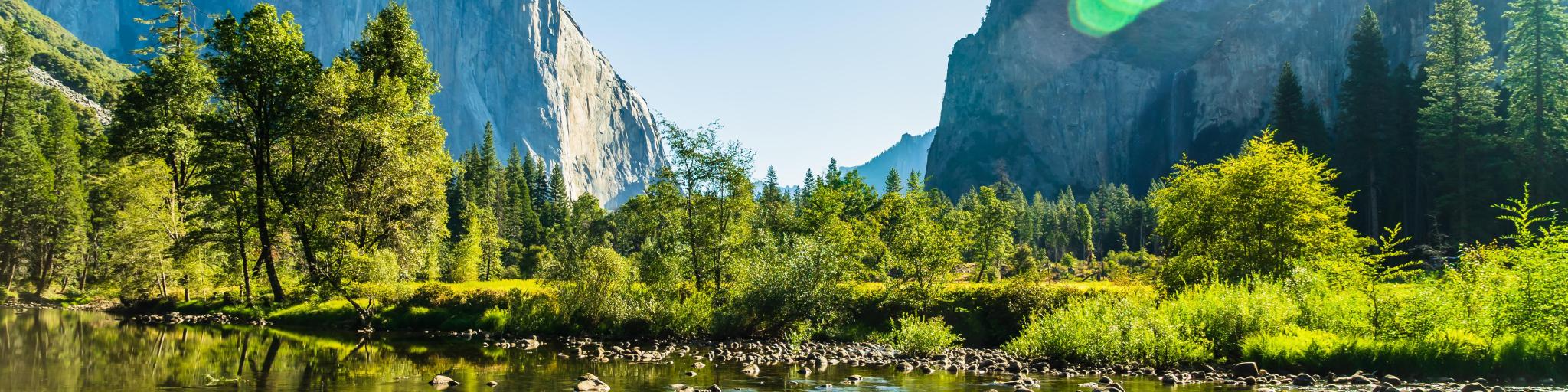 Yosemite, California, USA with a stunning view of the beautiful lake in Yosemite National Park.