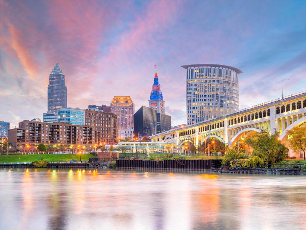 Cleveland, Ohio, USA with a view of downtown Cleveland skyline at sunset.