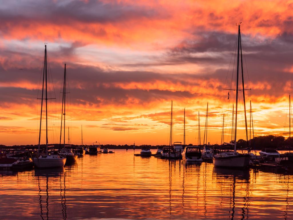 Vivid sunset over boats moored at Lake Norman, NC