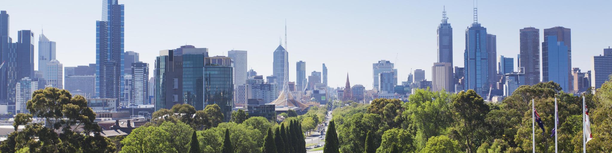 Melbourne, Australia with a view of the skyline on a sunny day.