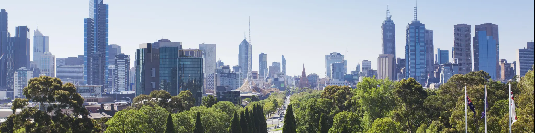Melbourne, Australia with a view of the skyline on a sunny day.
