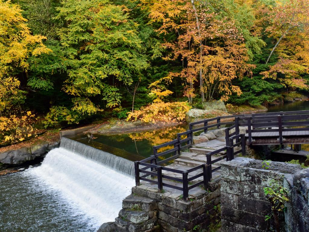 The waterfall at McConnell's Mill State Park with fall foliage.