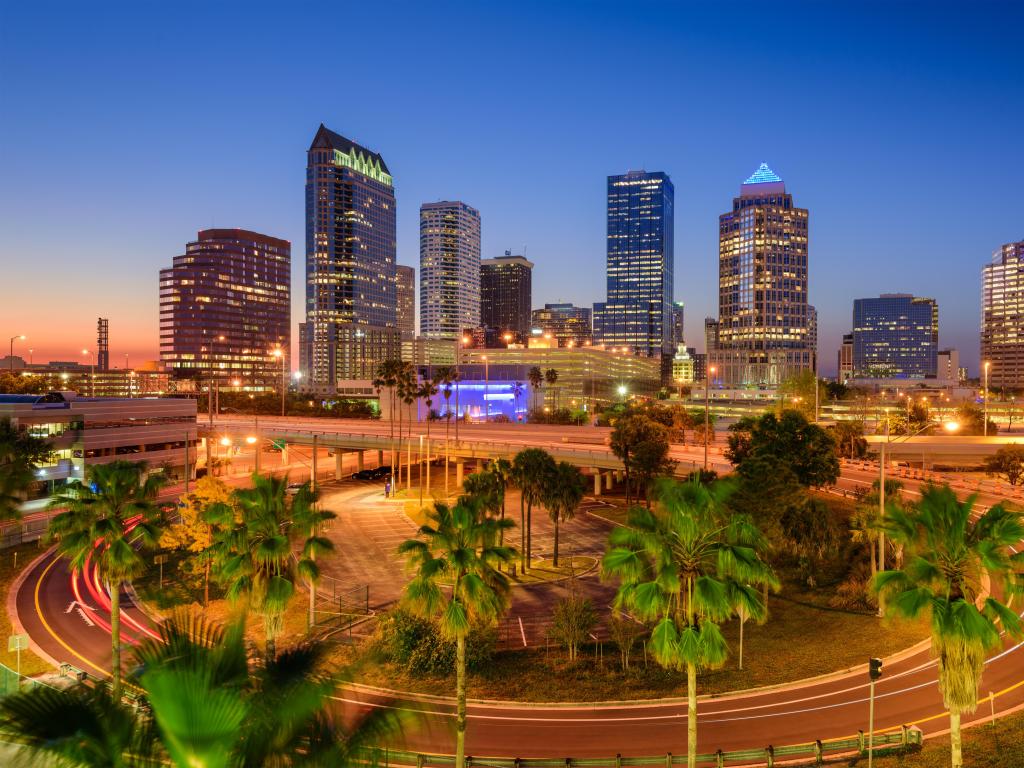 Tampa, Florida, USA downtown skyline at early evening.
