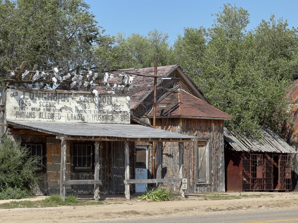 An abandoned wooden saloon in Scenic Ghost Town, South Dakota, with trees growing around it and a blue sky above