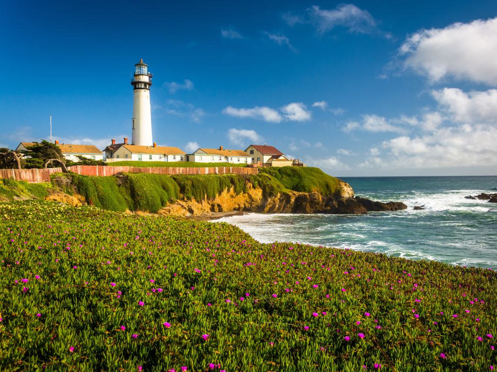 Pigeon Point Lighthouse on the coastline in Pescadero, California