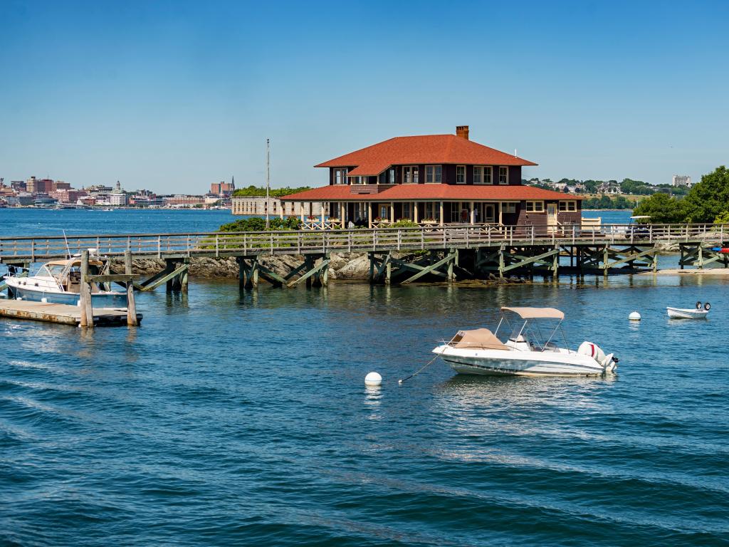 Great Diamond Island, Casco Bay, Maine, USA. The welcome house in the dock