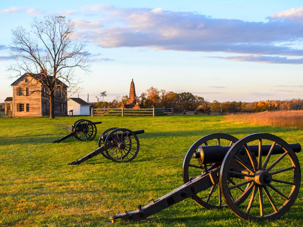 Manassas National Battlefield Park, with cannons set up in the foreground.