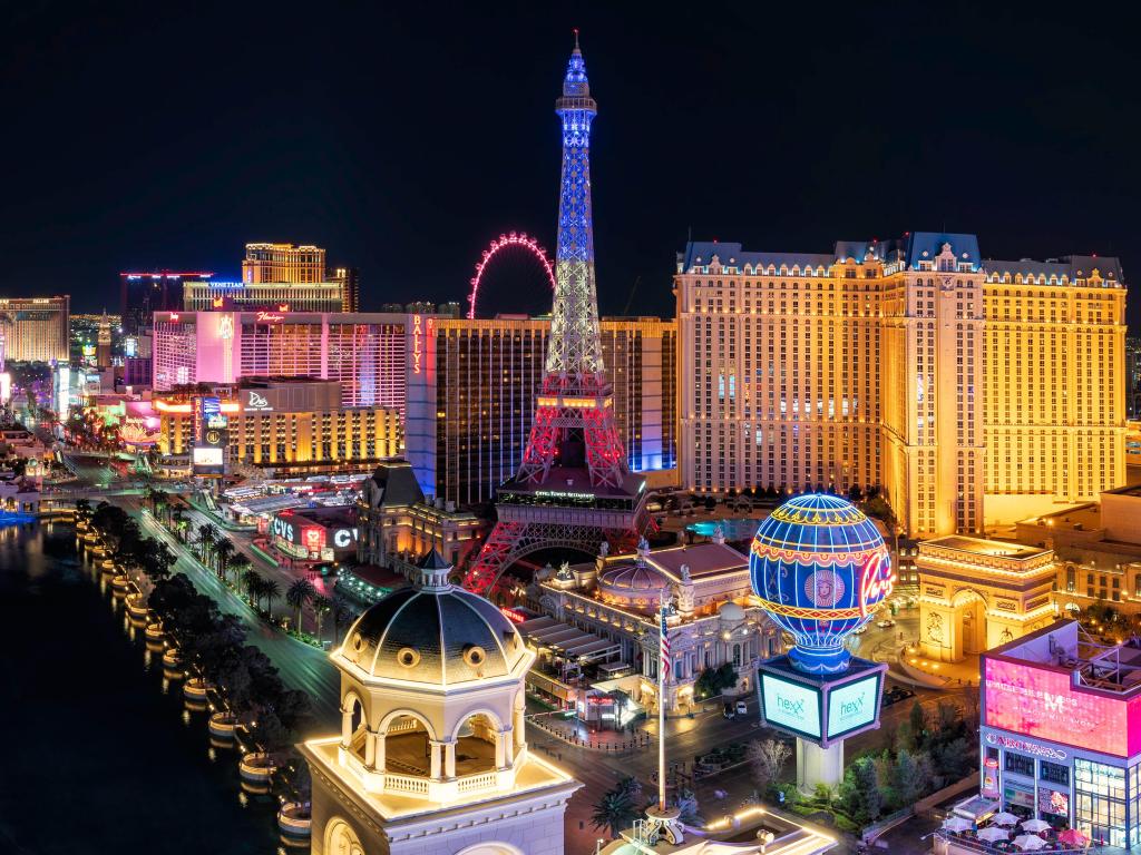 Panorama wide angle view of the Las Vegas Strip and city skyline at night, Nevada, USA