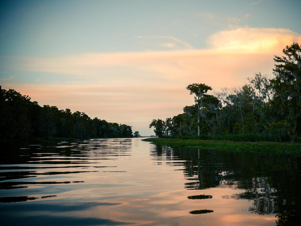 Low sunset light reflected on calm bayou water with silhouetted trees on the riverbank