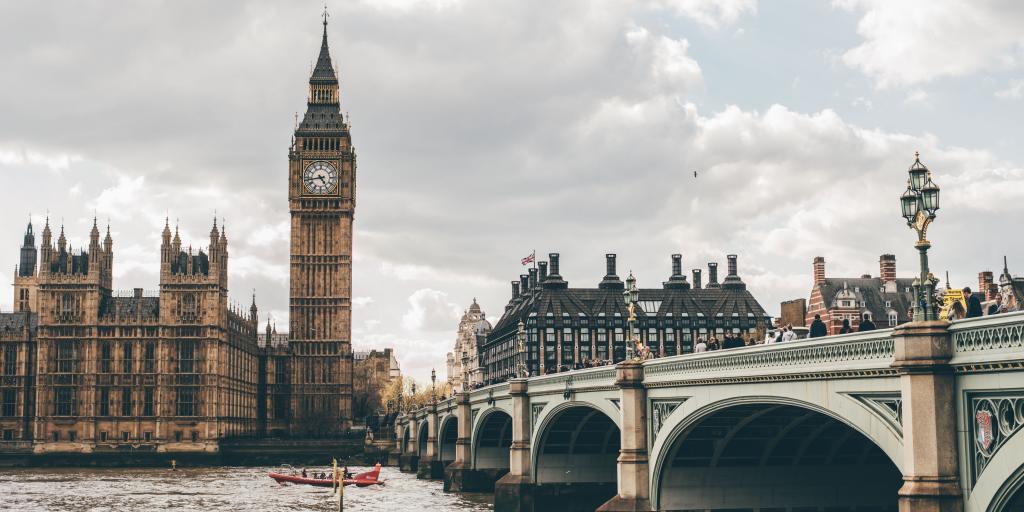 Big Ben across the Thames with Westminster Bridge in the foreground 