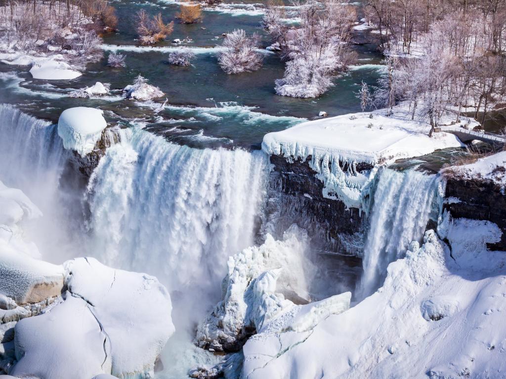 Niagara Falls during winter season with lots of snow.