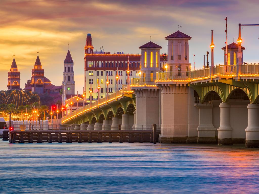 St. Augustine, Florida, USA Skyline at Bridge of Lions at early evening.