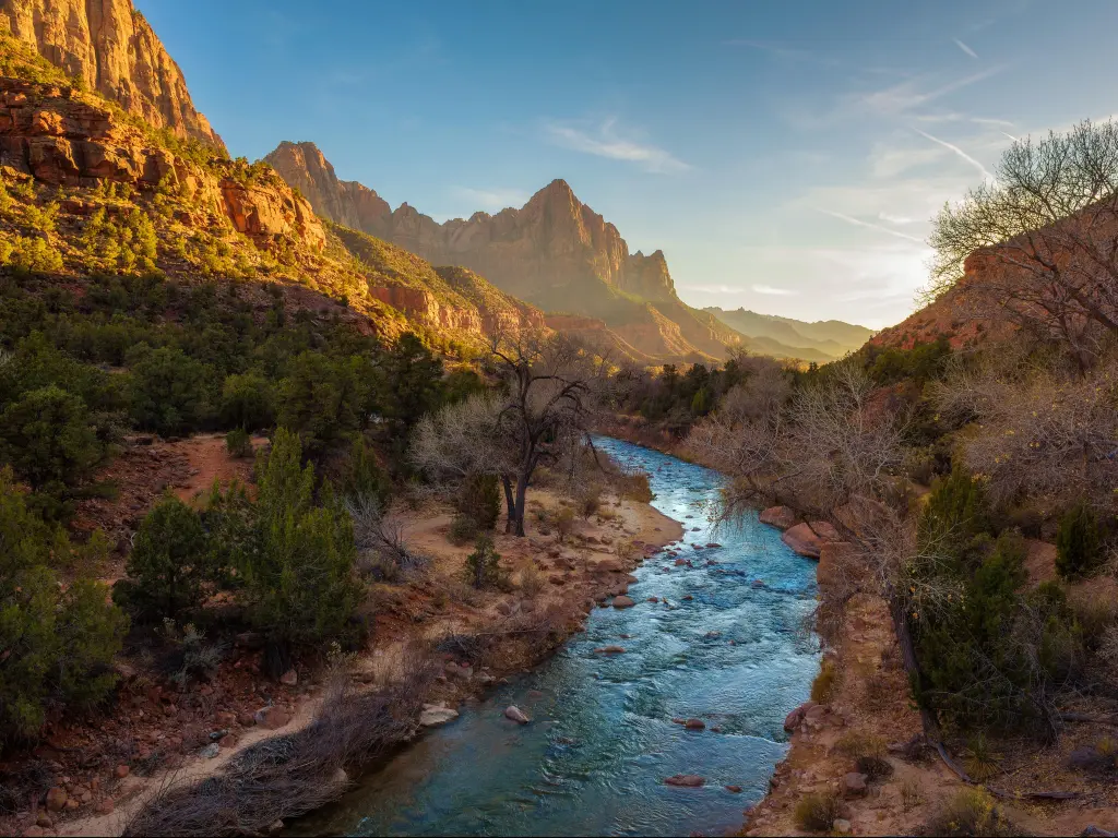Zion National Park, Utah, USA taken at sunset over the Virgin River and the Watchman Peak in Zion National Park, Utah.