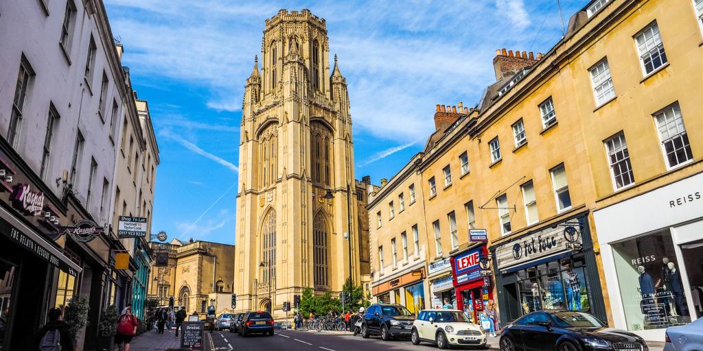 View up Park Street in Bristol with the Wills Memorial building at the top 