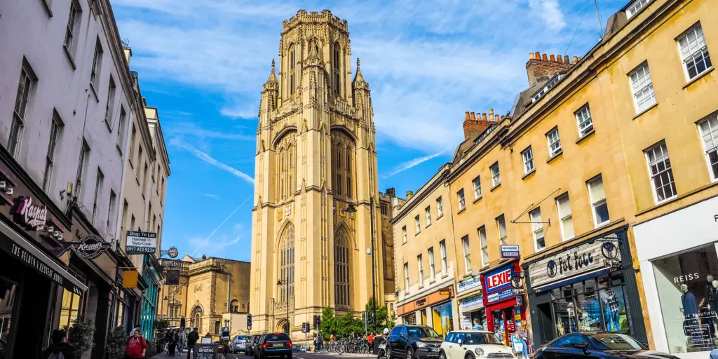 View up Park Street in Bristol with the Wills Memorial building at the top 