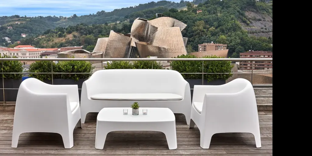 Terrace on the roof of the Gran Hotel Domine Bilbao overlooking the Guggenheim