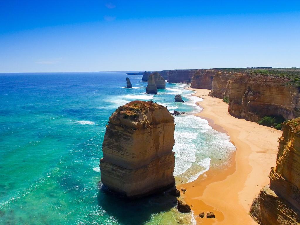 Aerial view of stunning Twelve Apostles on a clear sunny day, Australia