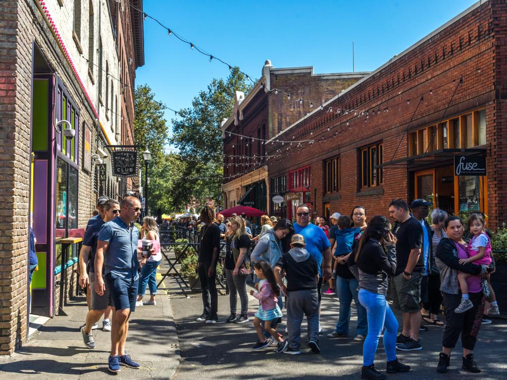 Visitors at the Saturday market in Portland, Oregon in September