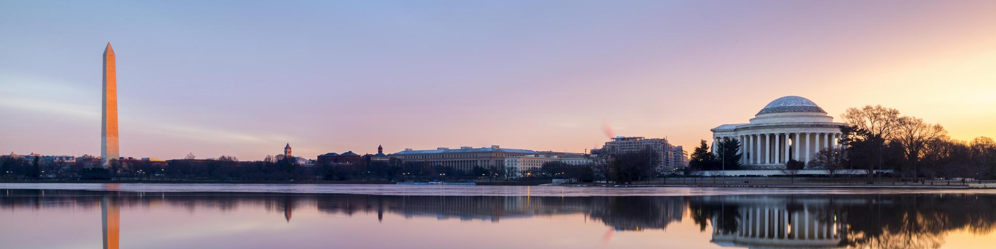 Washington DC, Washington, USA taken at the Washington Monument and Jefferson Memorial at sunrise.