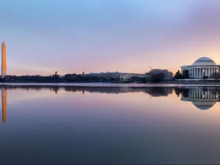 Washington DC, Washington, USA taken at the Washington Monument and Jefferson Memorial at sunrise.
