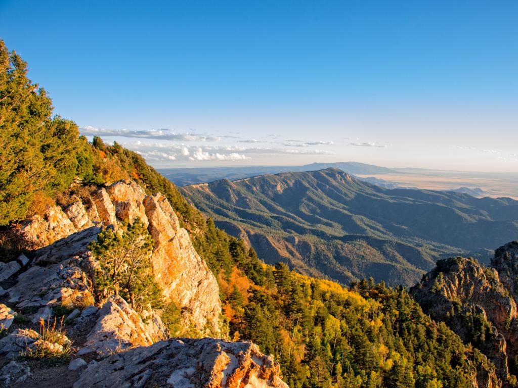 Cibola National Forest, Albuquerque, New Mexico, USA taken at sunset from Sandia Peak with a panoramic view of the Rio Grande Valley and the Land of Enchantment. 