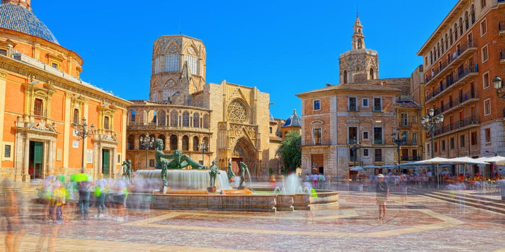 Fountain Rio Turia on Square of the Virgin Saint Mary in Valencia