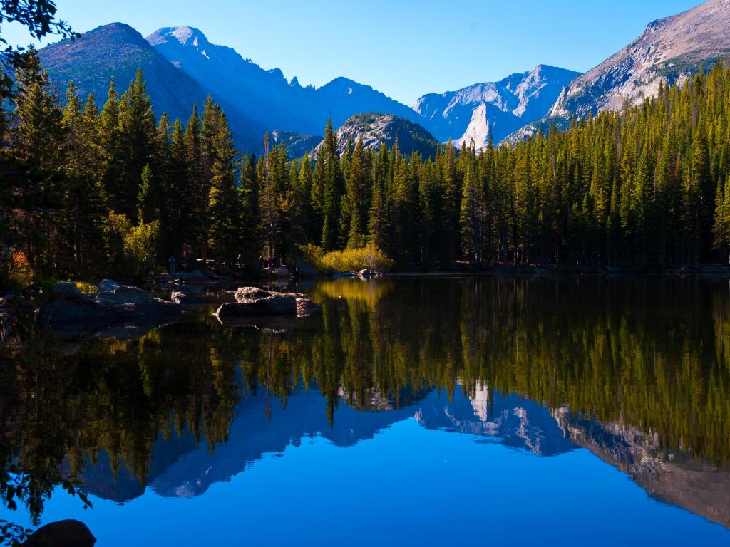 Calm waters of the Bear Lake, Rocky Mountain National Park, Colorado, with the reflection of the mountains and forests