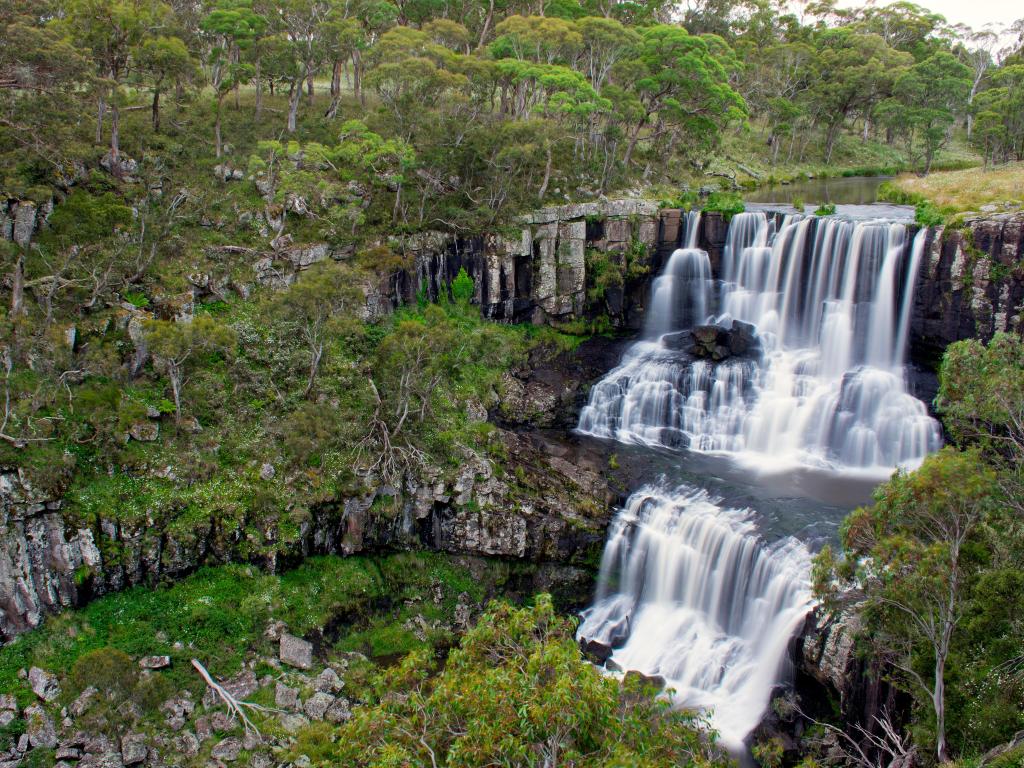 Tiered waterfall dropping down over rocks with gum trees on the cliff