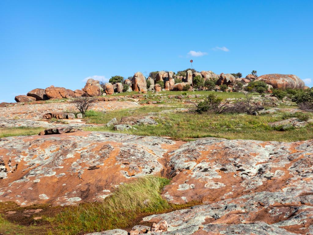 Gawler Ranges National Park, Eyre peninsula, South Australia with rock granite formations in the foreground and background on a sunny day. 