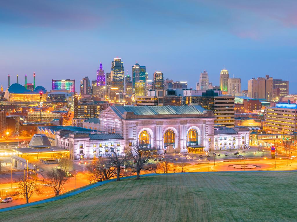 Kansas City, Missouri, USA with a view of the skyline at early evening.