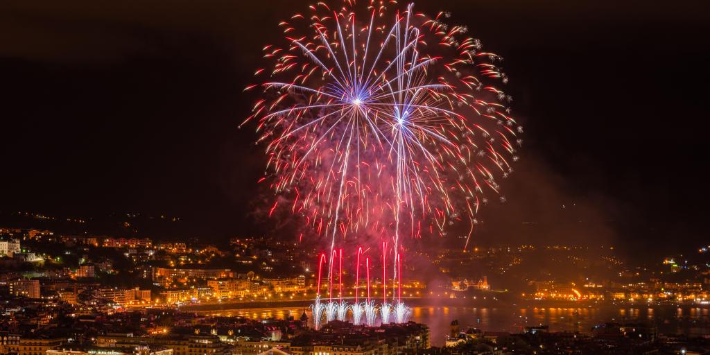 Fireworks over San Sebastian, Spain, during Semana Grande