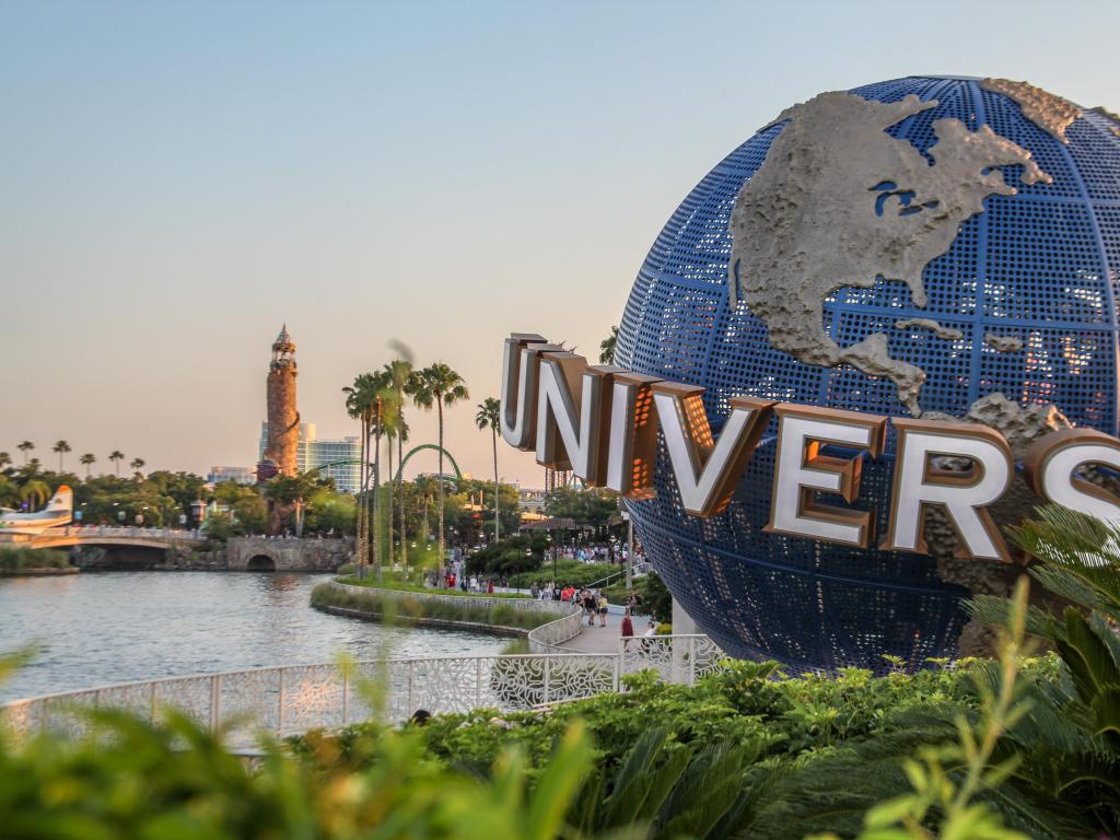 Orlando, Florida, USA taken at the famous globe of planet Earth, icon on Universal Studios, the logo and the typography of the word "Universal", symbol of one of the city's major theme parks.