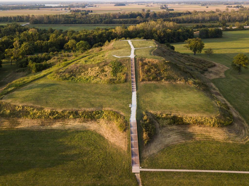 The largest earthen mound in North America can be found in Cahokia Mounds State Historic Site, photo taken on an overcast day