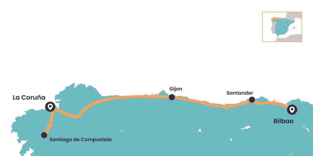 North Spain road trip route map - from Bilbao to La Coruña