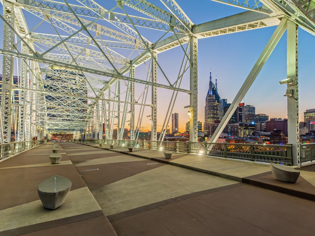 View of the Nashville skyline from the John Seigenthaler Pedestrian Bridge in the evening