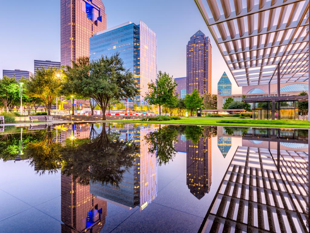 View of downtown Dallas with the Chase Tower in the background from the front of the AT&T Performing Arts Center.