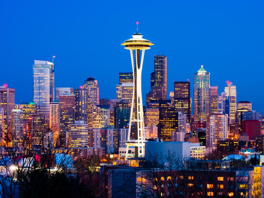 Seattle, Washington, USA taken at night with the Space Needle lit up. 